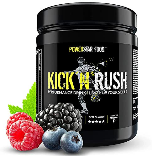 Powerstar KICK'N'RUSH Wild Berry 600 g | Pre-Workout-Booster für Fußball & andere Ballsportarten | Deutsche Herstellung | Fitness-Pulver mit Elektrolyten & Koffein | Energie & Ausdauer im Training
