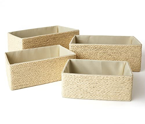 Storage Baskets Set 4 - Stackable Woven Basket Paper Rope Bin, Storage Boxes for Makeup Closet Bathroom Bedroom (Beige)