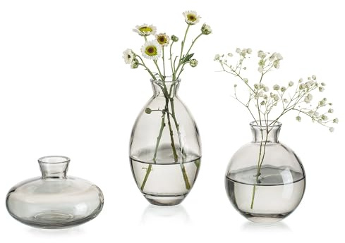 Glasseam Liten vas för bordsdekoration, handgjorda glasvaser för blommor, 3 st grå vintage knoppvaser estetisk minivaset för Kawaii vardagsrum dekor sovrum prydnader bröllop mittpunkter