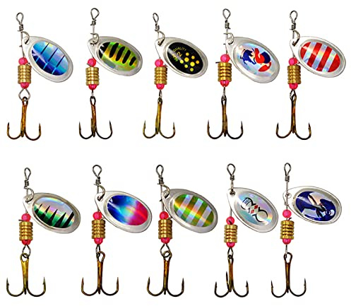 Spinner Lures- 10 Pack Metal Spinner Bait Set Rotating Sequins Fishing Lure Spoon Lures for Pike Trout Bass Salmon Perch