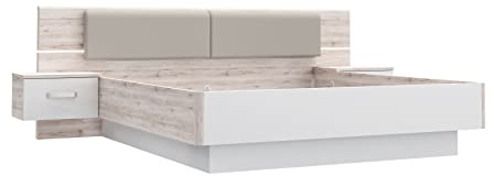 FORTE RONDINO Bett mit Nachttischen, Liegefläche 180 x 200 cm, Holzwerkstoff, Sandeiche / Weiß Hochglanz, 285 x 91.7 x 209 cm