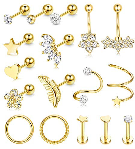 Kakonia 17 Stück Piercing Ohr für Frauen Ohrringe Ohrstecker Roségold Helix Piercings Chirurgenstahl Zirkonia Blume 16G Conch Daith Tragus Piercing Set