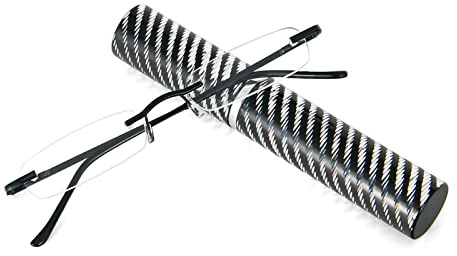 KoKoBin Schlanke Rahmenlose Lesebrille Mini-Taschenleser Sehehilfe mit Stiftetui für Damen und Herren (Schwarz, +2.0 Dioptrien (1er Pack))