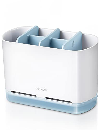 JOMOLA Dish Brush Caddy for Kitchen Sink Toothbrush Holders for Bathrooms Sink Sponge Holder Kitchen Counter Scrub Soap Brush Organizer Sinkware Caddy with Drain Tray Dividers (Blue)