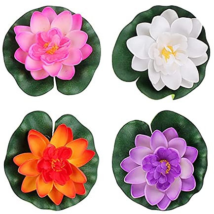 JIHUOO 4 Pcs Artificial Foam Lotus Water Lily Flower Floating Pond Flowers Plants Waterproof Lotus Flower for Garden Pond Fountain Aquariums Decoration 18cm