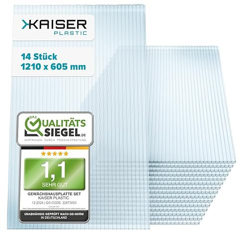 KAISER PLASTIC® Xtra Strong | Set di 7 lastre per serra, spessore 10 mm, 605 x 1210 mm, policarbonato (PC), 5,10 m2, peso: 1250 g/m², piastra a doppia parete