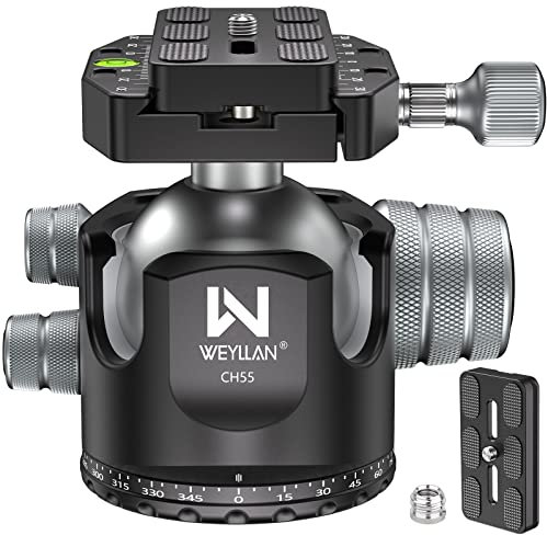 WEYLLAN CH55 Tripod Ball Head 55mm Large Size Heavy Duty Tripod Head 360 Panoramic Ballhead Mount, CNC Aluminum Camera Head for Tripod, with Two Arca Quick Release Plates, Max Load 88lbs/40kg