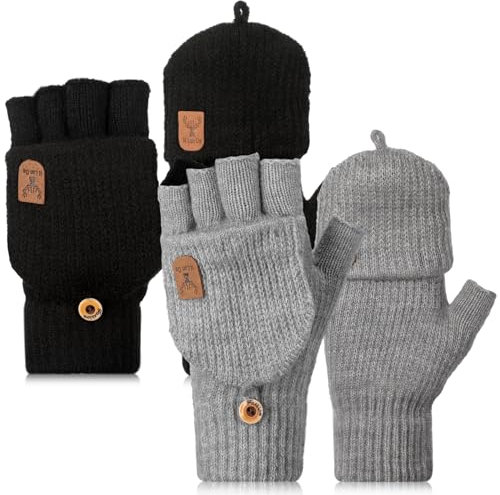 Neer 2 Paar Damen Fingerlos Handschuhe mit Kappe Strick Halbfinger Fäustlinge Warm Winterhandschuhe (Klassisch Schwarz und Grau)