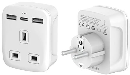 TechMax UK to European Plug Adapter with USB ports Grounded Type G to Type C,E,F for France, Spain, Turkey, Italy, Greece, Portugal, Germany, Poland, Asia - 3 Pin to 2 Pin Travel Adapter with USB