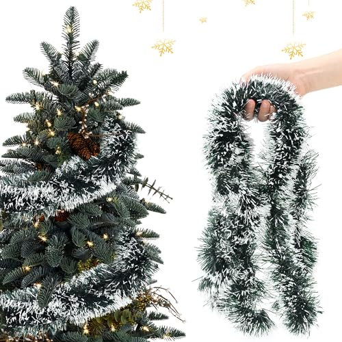 Guirnalda Espumillon Arbol de Navidad Pino Verde + Blanca Guirnaldas Navidad para Chimenea 10 M Guirnaldas Navideñas Verdes para Interior Exterior Guirnalda de Pino Artificial para Escaleras (5 Pzs)