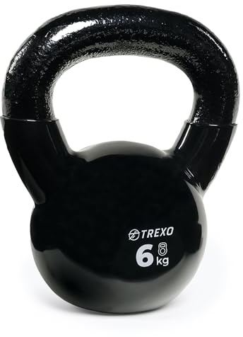TREXO Kettlebell 6kg in Ghisa con Rivestimento in Vinile per Fitness a Casa e Attrezzi Palestra Casa Manubrio Professionale Peso con Maniglia Nero VKB04