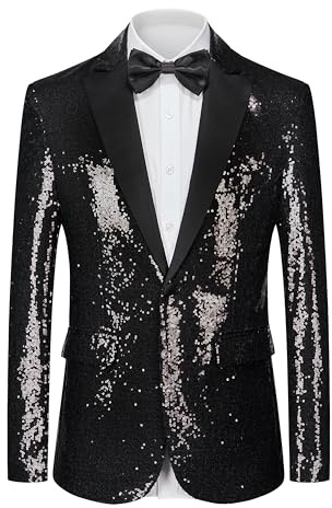 Men's Sequin Blazer One Button Tuxedo Suit Jacket Party Festival Wedding Prom Black