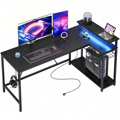 Bestier Escritorio para juego en forma de L de 147 cm con luces LED y tomas de corriente, escritorio esquinero reversible para oficina en casa con estantes,estación de trabajo para PC más grande,negro