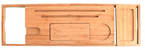 WQZStar Badewannenablage, Bambus-Badewannen-Tablett-Brücke mit ausziehbaren Seiten, eingebauter Buch-Tablet-Halter, Handy-Tablett, Weinglas-Halter, Badewannen-Tablett