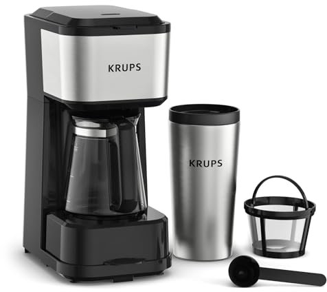 Krups Simply Brew Kaffeebereiter mit Filter 3 in 1, 3 Brühoptionen, amerikanischer Kaffee, hitzebeständige Glaskaraffe, doppelwandiger Reisebecher aus Edelstahl, KM207D