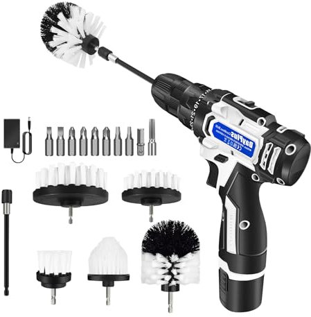 Bürstenaufsatz Bohrmaschine Set, 8 Stück Bürstenaufsatz, Akkuschrauber Bohrbürste, Reinigungsbürste Felgenbürste Scrubber Reinigung Kit für Küche, Auto, Bad, Keramikfliesen, Grill（Weiß）