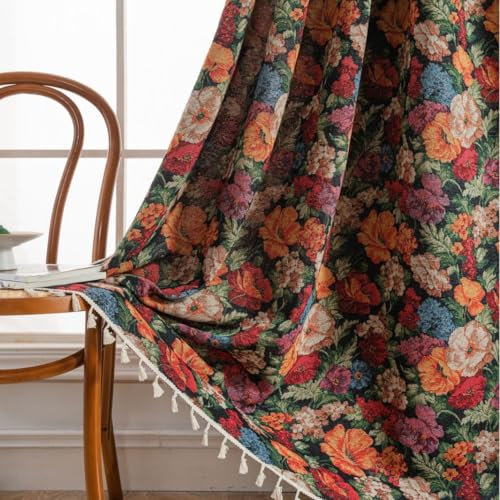 USTIDE Farmhouse Retro Floral Curtain - Jacquard Cotton Semi Blackout, Chic Cottage Macrame for Living Room Bedroom, Rod Pocket, 1 Panel, 150x180cm