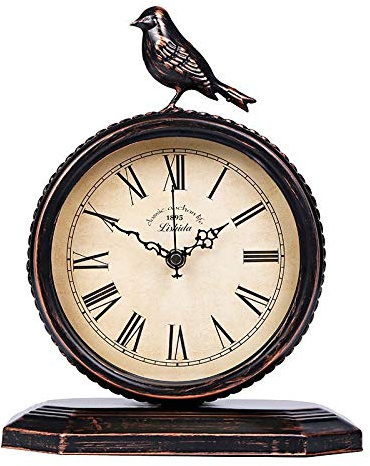 Sveudvdis Retro Mantel Clock, Table Top Bird Clock, Antique Metal Silent-Non-Ticking Clock,Desk Clock for Living Room, Bedroom, Office, Desktop Decoration
