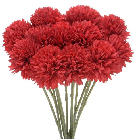 M METERXITY 12-Pack Artificial Chrysanthemum Ball Flowers, 11 Inch Faux Chrysanthemum Silk Bouquets Real Touch Faux Flowers for Home/Wedding/Christmas/Party[Bright Red]