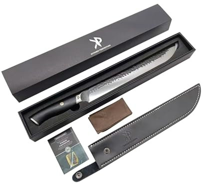 Kitchen perfection Handgefertigtes Brisket-Messer, Fleischschneide- und Schnitzmesser für Herren, wahnsinnig scharfer San Mai-Stahl, mit Lederscheide, ergonomischer Griff, beste Grillgeschenke für