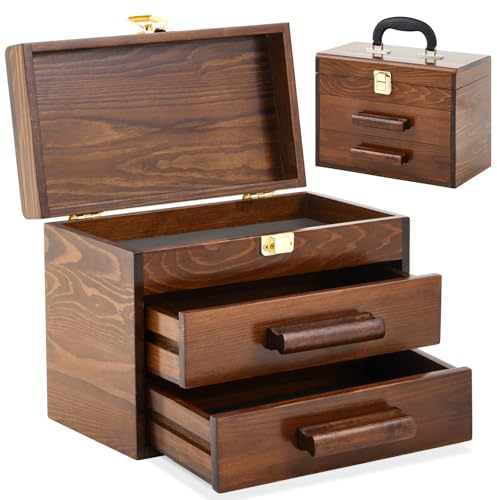 Weysat Mini-Werkzeugkiste aus Holz mit 2 Schubladen und oberer Aufbewahrung, tragbare kleine Werkzeugkiste mit PVC-Auskleidung, Mini-Werkzeug-Aufbewahrungsbox, Organizer, Make-up-Box mit
