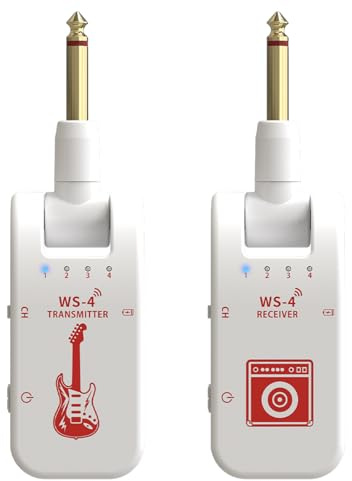 Kabelloses Gitarrensystem, 2,4 GHz 8 Kanäle Wiederaufladbarer Audio Drahtlos Sender Empfänger für E-Gitarre, Bass und Elektrische Blasinstrumente, 48K/16bit Echtzeit-Übertragung, White