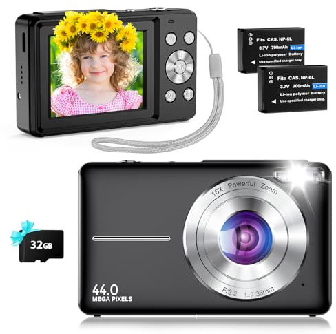 Fotocamera Digitale Macchina Fotografica Digitale 44MP con Video HD 1080P, Scheda da 32GB, Schermo IPS da 2,4, Doppie Batterie, 20 Filtri, Anti-Scossa per Bambini, Adolescenti e Principianti Nero