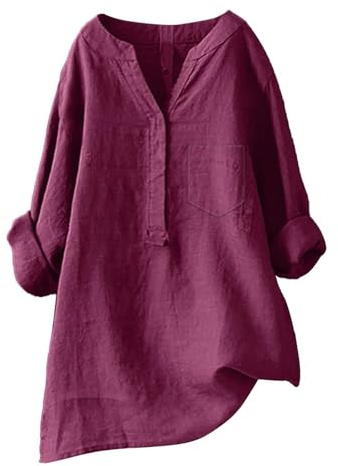Chiffongblus för kvinnor, extra stor storlek, lång t-shirt med fickor, lös tröja, linne, v-ringad, knäppning, topp, enfärgad, långärmad, sommarskjorta, sport, t-shirt, Bordeaux, 5XL