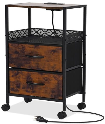 Yosamy Table de chevet avec prise, roulettes, tiroirs en tissu, 2 prises AC, 2 ports USB, table d'appoint pour salon, chambre à coucher, 40 x 28 x 60 cm, couleur rétro