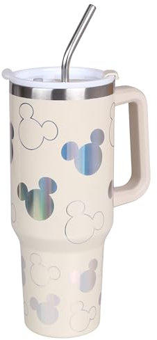 Disney Mickey Mouse Mug THERMIQUE avec paille en métal, embout, INOX, pour voiture, BEIGE, HOLOGRAPHIQUE 1,18l (A)