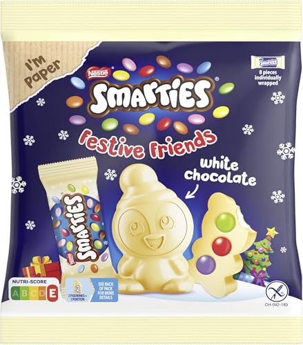 SMARTIES Festive Friends White Weihnachtsschokolade, 1er Pack (1 x 65g) | Weihnachtliche Figuren aus weißer Schokolade mit bunten SMARTIES Mini Schokolinsen, 8 Figuren pro Packung, einzeln verpackt