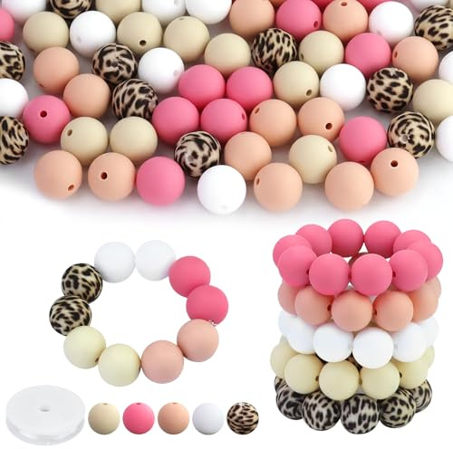 100 perles rondes en silicone de 15 mm avec 4 m de fil de perles pour la fabrication de porte-clés,perles rondes pour bracelets pour bracelets,stylos,travaux manuels,fabrication