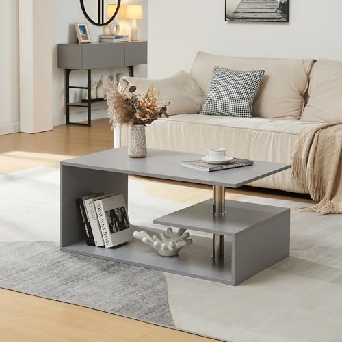 [en.casa] Tavolino Centrale da Salotto con 3 Piani di Appoggio Tavolo Basso da Caffè Divano Design Moderno per Soggiorno 90 x 50 x 41 cm - Grigio Chiaro