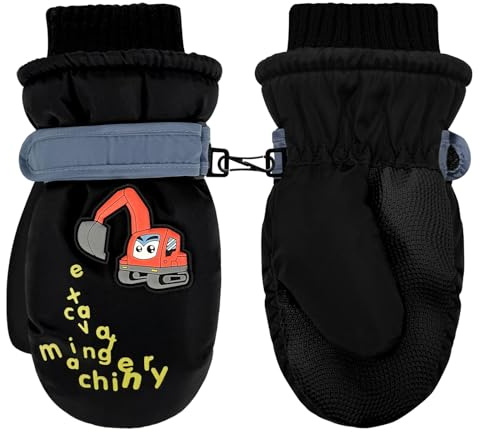 LeapBeast Guantes de Esquí para Niños 3-5 Años, Guantes Impermeables de Térmicos Calientesa Prueba de Viento de Invierno - TPU - Forro Polar (Negro - Excavadora)