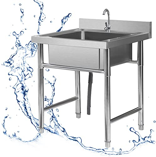 Lavello autoportante in acciaio inossidabile, vasca singola per lavanderia, per garage, ristorante, cucina, lavanderia, interni ed esterni (50/60 cm)