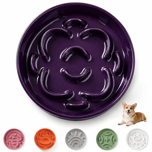 Ceramic Slow Feeder Dog Bowl - Maze Dog Bowl to Slow Down Eating - Feeding Dish for Fast Eaters - Ideal Food Control Dish for Medium to Large Breeds - 8.2 Inch - 1.8 Cups (180g) - Purple