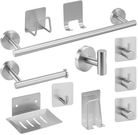 JF HOME BLISS 11-Piece Bathroom Accessories Set — No-Drill Stainless Steel Towel Rail & Toilet Roll Holder with Adhesive Hooks, Towel Hooks & Wall-Mounted Bathroom Hardware Kit (Silver)