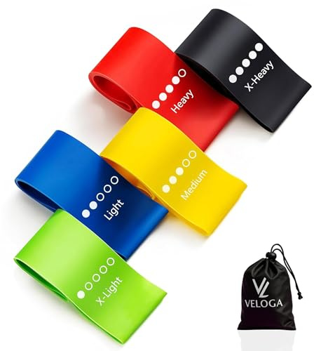 Veloga Resistance Bands Set of 5 Skin-Friendly Fitness Exercise Loop Bands with 5 Strength Levels & Carry Bag deal for Home, Gym, Yoga, Pilates, Stretching & Full-Body Training