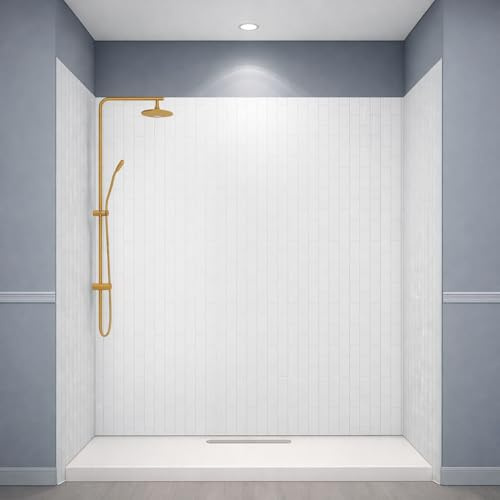 Maasechs 4 Pcs 79in x 39in Waterproof Vinyl Shower Surround Kit Shower Wall Panels with Accessories in Solid Surface for Subway Tub Corner Trimmable Upgraded Protection(Classic)