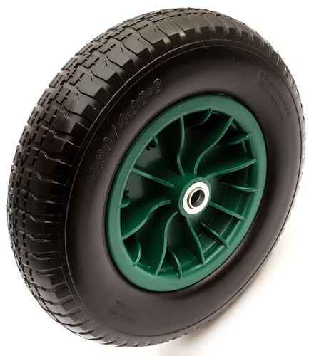 4.80/4.00-8 Green Wheel & PU Solid Tyre 15 Puncture Proof Flat Free 12mm, 12.7mm, 16mm, 20mm, 25.4mm Bushes Bearings Wheelbarrow Barrow Cart 150kg Load 4.80-8 4.00-8 (20mm / 0.79 Inch Bearings)