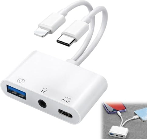 Mlifleue 3 in 1 USB C/Light-ning to 3.5mm Adapter with Type-C/Light-ning Dual Ports, 3.5mm Aux Audio Earphones Splitter, OTG Adapter for Keyboard/USB Drive/Headphones/Mouse