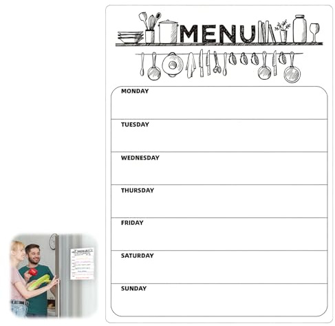 Magnetic Meal Planner for Fridge,A4 Weekly Planner Whiteboard & Family Organiser,Dry Erase Fridge Whiteboard for Kitchen Menu,Grocery List & Chore Chart,Stain Resistant & Strong Magnet