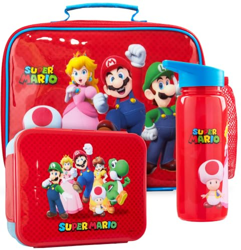 Get Trend Super Mario Bolsa Termica Infantil Aislante Set, 3 Piezas Lunch Bag, Botella Agua 640ml y Bento Box con Compartimentos, Sin BPA, Ligero y Resistente, para Colegio y Picnic (Rojo/Multi Mario)