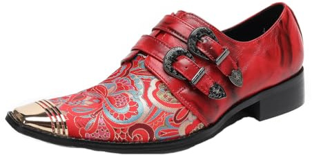 Yhsdfcn Bröllopsskor för Herrar Lyx - Äkta Läder med Brokadbroderi - Handgjorda Double Monkstrap-skor med Metalltå,Red,44 EU
