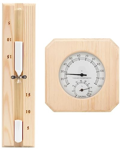 Ordellia Juego de higrógrafo y reloj de arena 2 en 1 de madera de pino maciza, cristal resistente al calor, pantalla de 15 minutos, para sauna, infusión, spa y cabina
