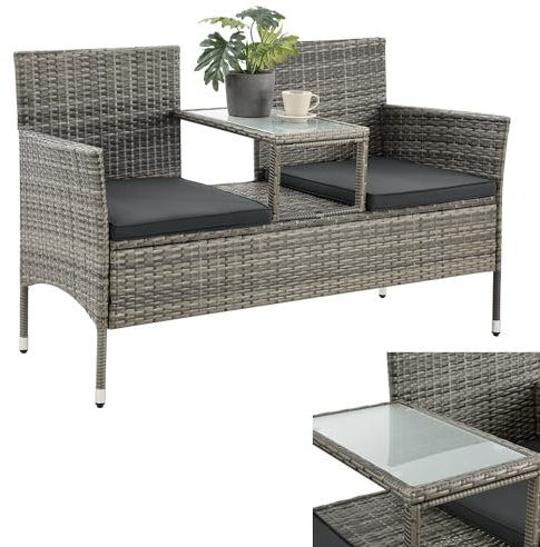 Juskys Polyrattan Gartenbank Monaco - 2-Sitzer Bank mit Tisch & Kissen - 133x63x84 cm - Rattan Sitzbank wetterfest Garten Balkon - grau-meliert