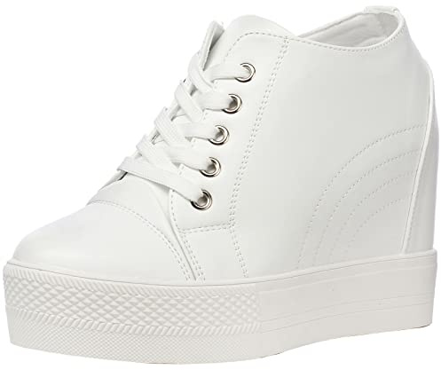 wealsex kilskor dam PU läder mesh spets sneaker tennisskor, 11 cm vit, 37 EU