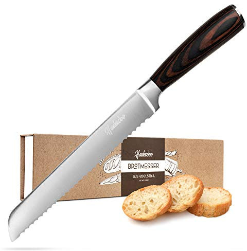 HADEWOO – Premium Brotmesser – Ultrascharfe Klinge – Aus edlem 3CR13 Stahl – Rostfrei – Ergonomischer Holzgriff – Nach Rockwell HRC56-58 gehärtet – Mit innovativem Fingerschutz