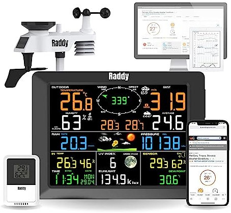 Raddy WF-100C Wetterstation mit Außensensor Funk, 14-IN-1 Wlan Innen-Außenthermometer mit 8 Zoll Digital Farbdisplay, Windmesser Regenmesser Solarsensor für Zuhause, Büro Hausgarten