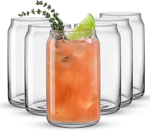 JoyJolt Drinking Glass Cups Set of 6-16oz Beer Can Glasses. Clear Soda Can Shaped Glass Cups, Cute Iced Coffee Cup Tumblers, Cold Drink Glassware, Unique Water, Tea, Cocktail Glass Set